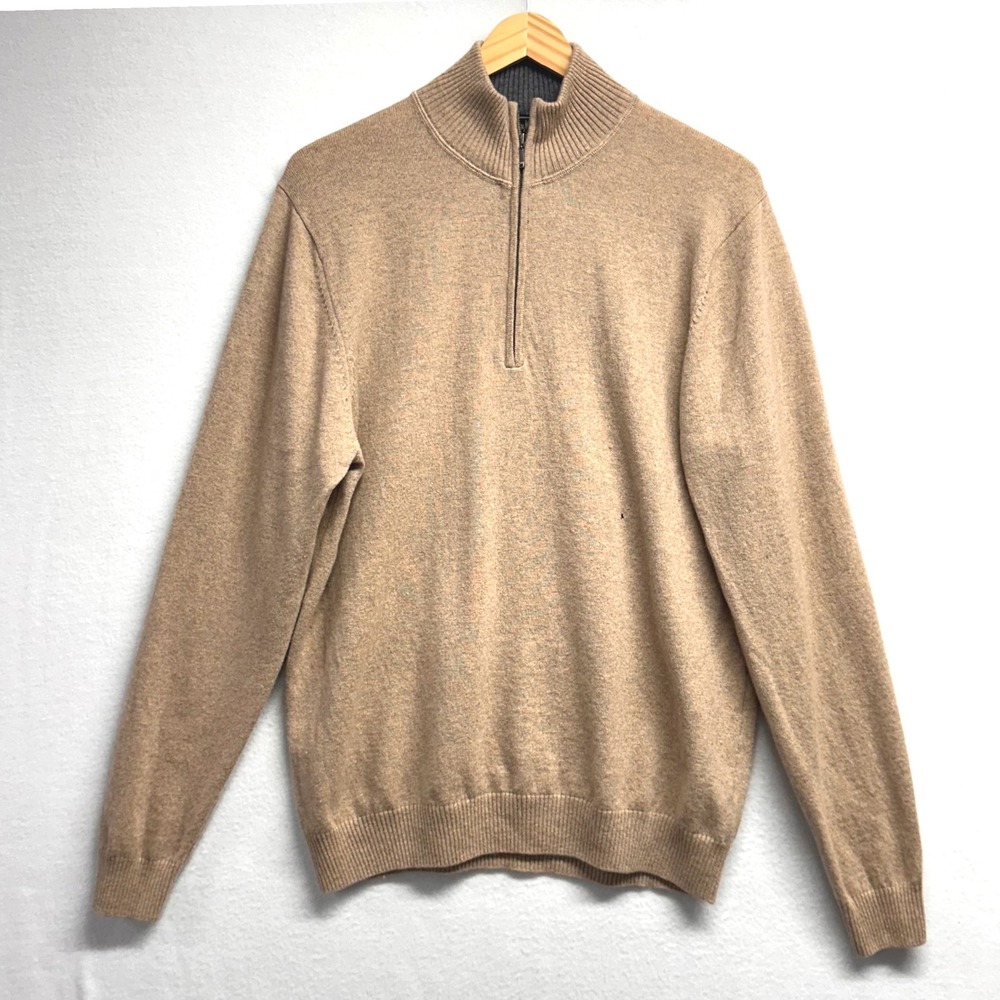 Neiman Marcus Cashmere Sweater Mens Large Tan Camel 1/4 Zip Mock Neck Pullover